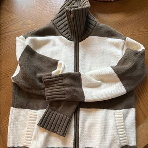 Women’s Olive Green and Cream Double Zipper Sweater